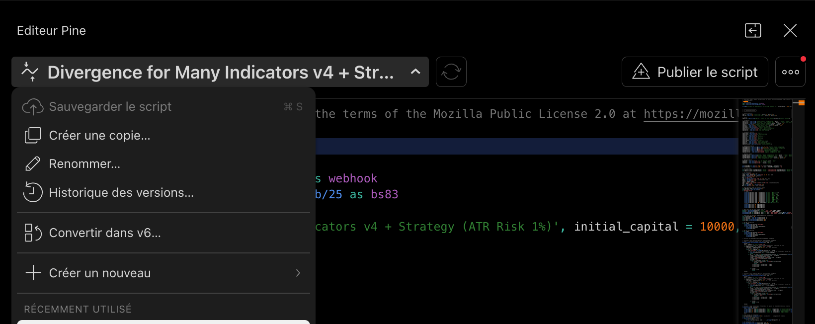 TradingView Pine Editor menu with the "Convert to v6" option highlighted